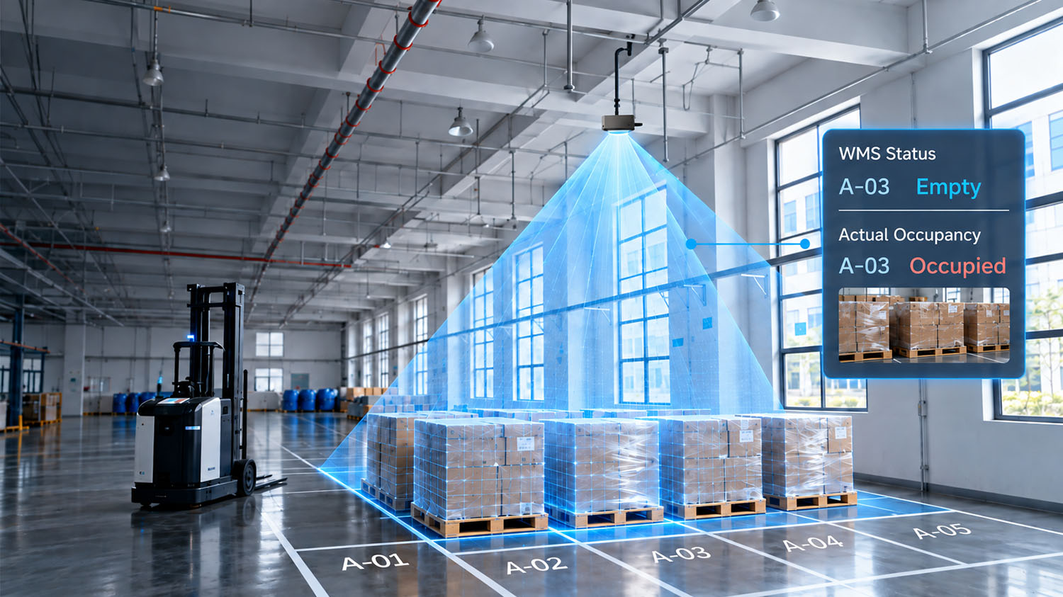 An overhead sensor observes occupied warehouse floor slots while the WMS reports slot A-03 as empty.