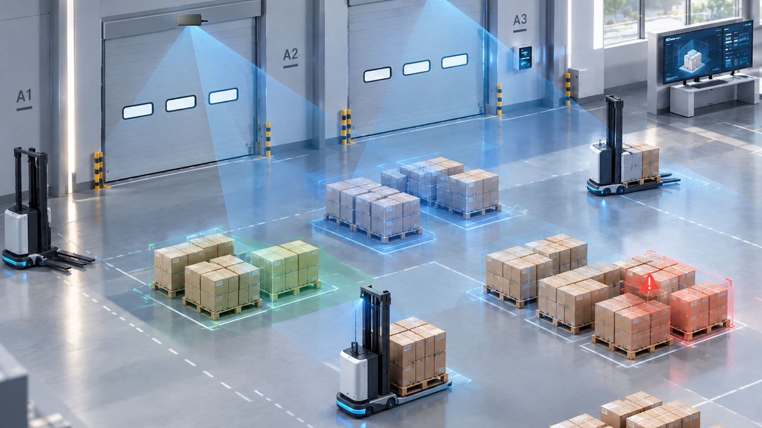 Overhead RGB-D cameras monitor pallet occupancy and boundaries across warehouse floor slots.