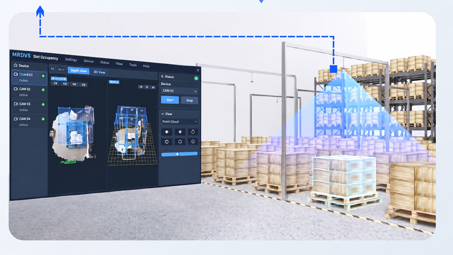 An illustration of the MRDVS slot occupancy interface and 3D sensing of a pallet in a warehouse.