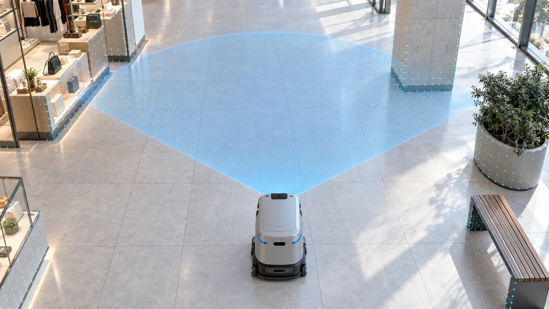 Illustration of a cleaning robot using wide-angle 3D sensing in a shopping mall